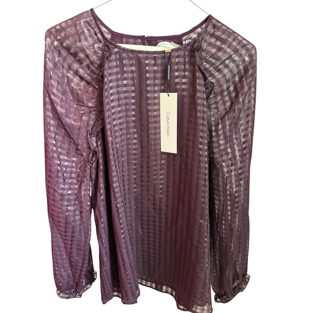 Calvin Klein Womens Plum Purple Shadow Stripe Ruffle Blouse S CKVTH0122 NWT